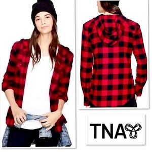 Aritzia TNA Hooded Buffalo Plaid Flannel Shirt M Red